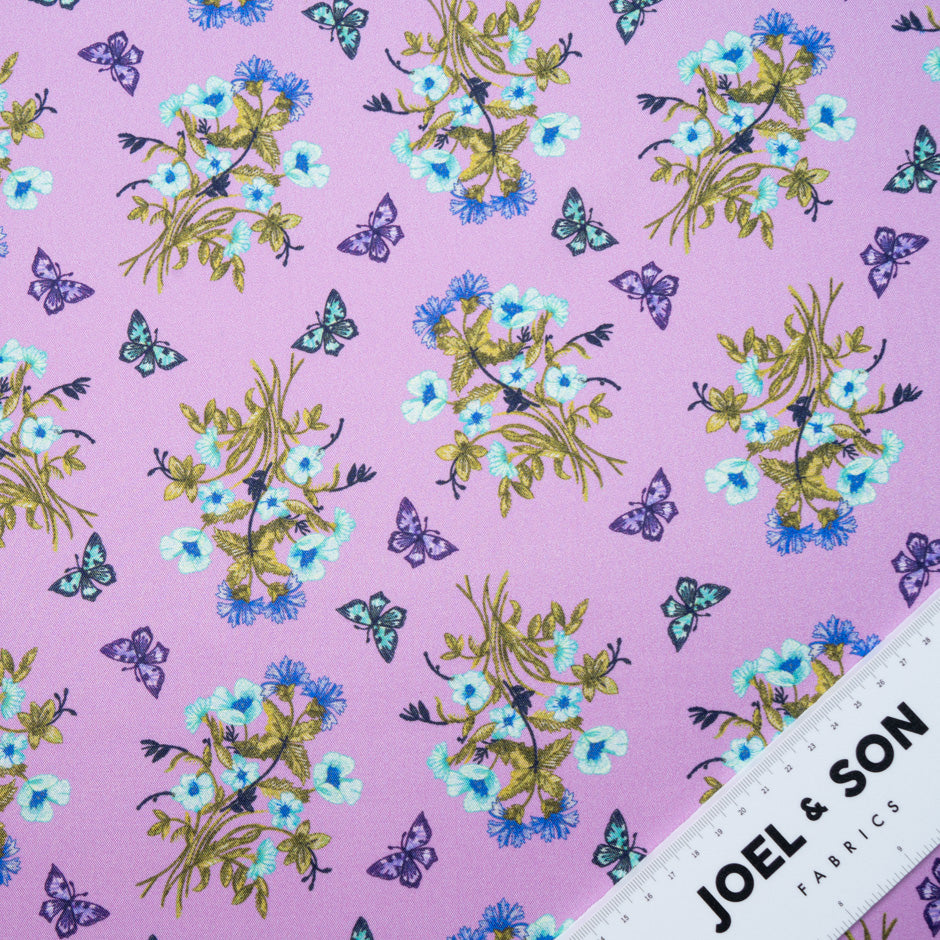 Butterfly & Floral Printed Pink Silk Blend Twill