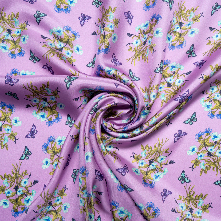 Butterfly & Floral Printed Pink Silk Blend Twill