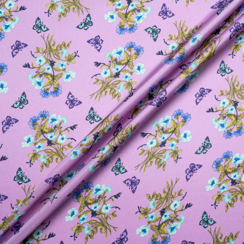 Butterfly & Floral Printed Pink Silk Blend Twill