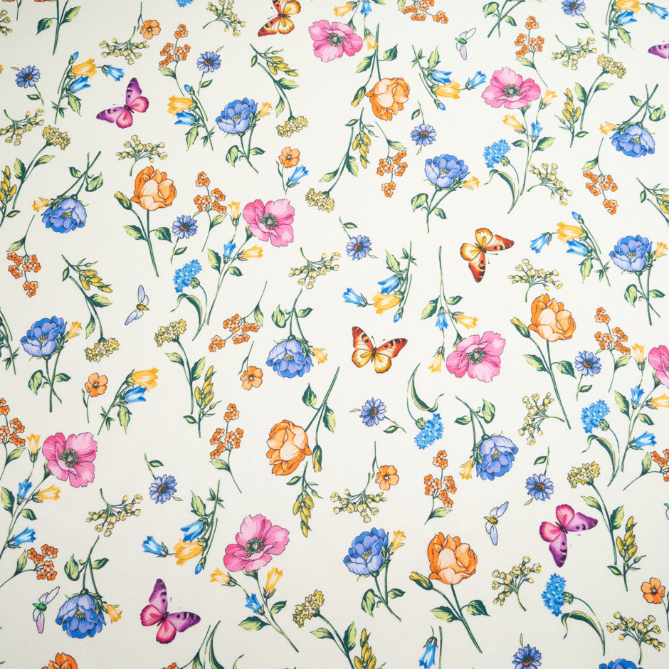 Butterfly & Floral Printed Cream Silk Blend Twill