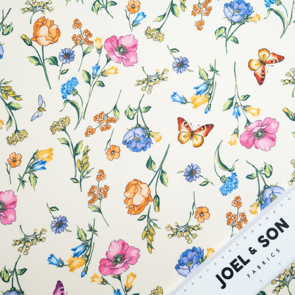 Butterfly & Floral Printed Cream Silk Blend Twill