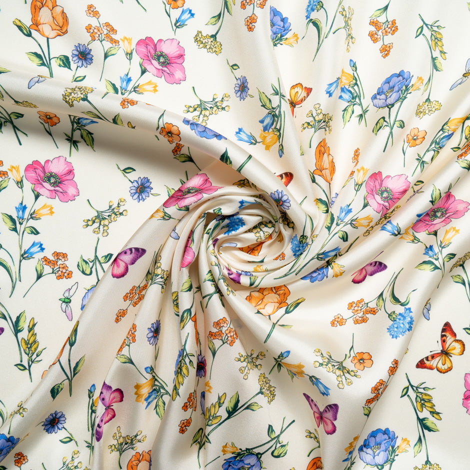 Butterfly & Floral Printed Cream Silk Blend Twill