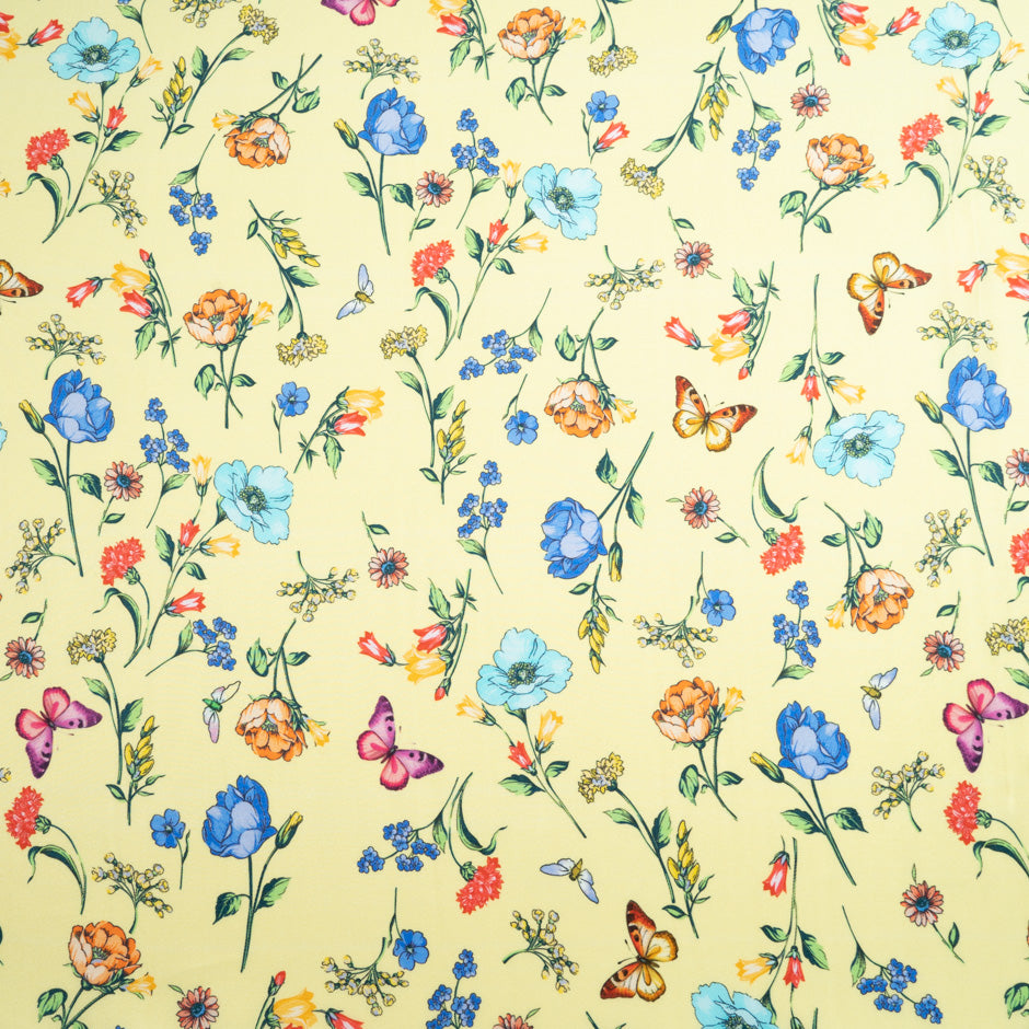 Butterfly & Floral Printed Yellow Silk Blend Twill