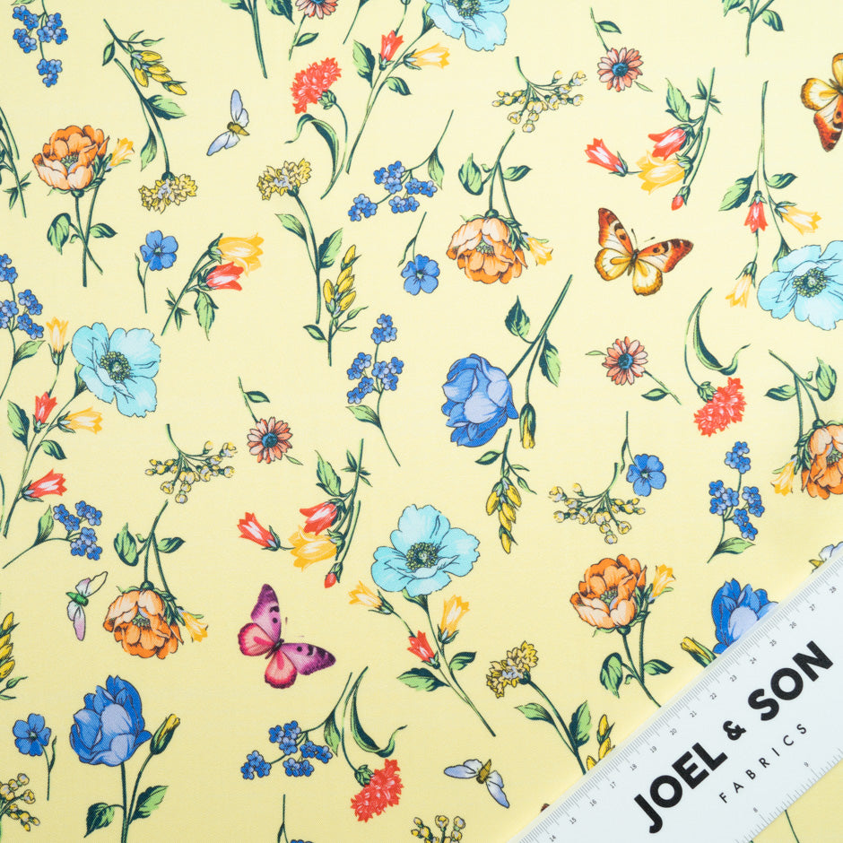 Butterfly & Floral Printed Yellow Silk Blend Twill