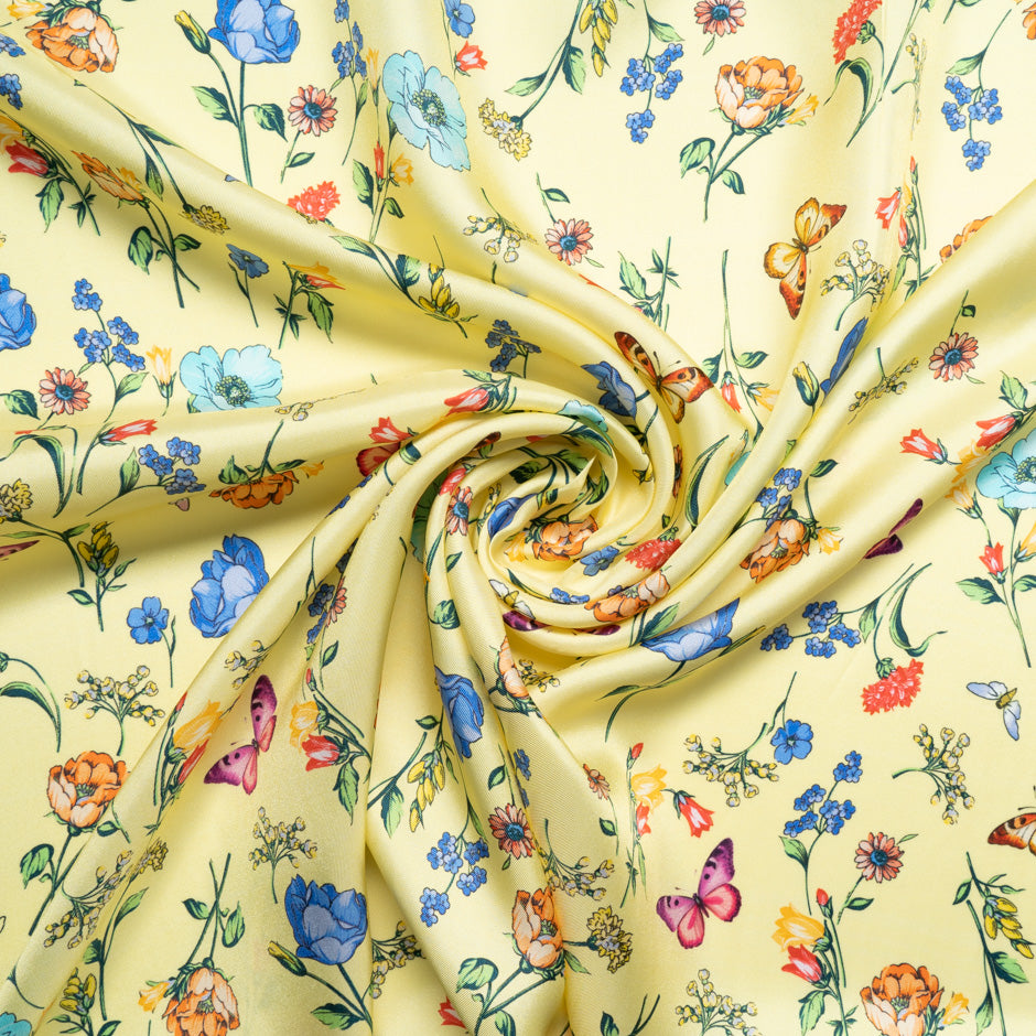 Butterfly & Floral Printed Yellow Silk Blend Twill