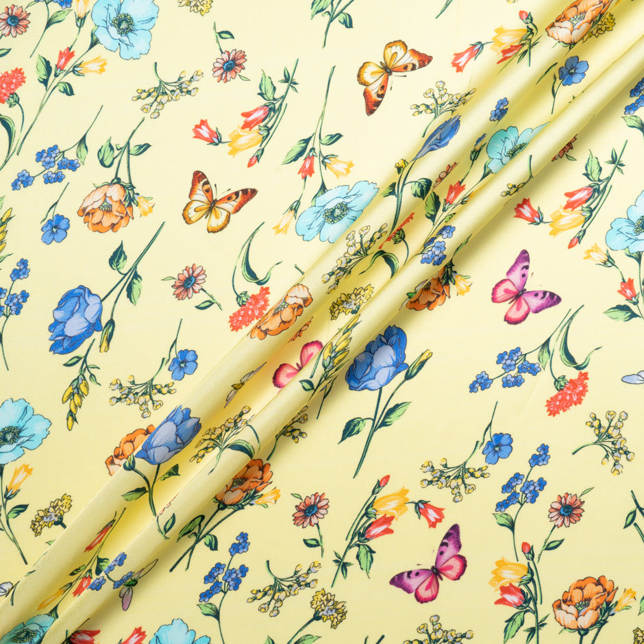 Butterfly & Floral Printed Yellow Silk Blend Twill