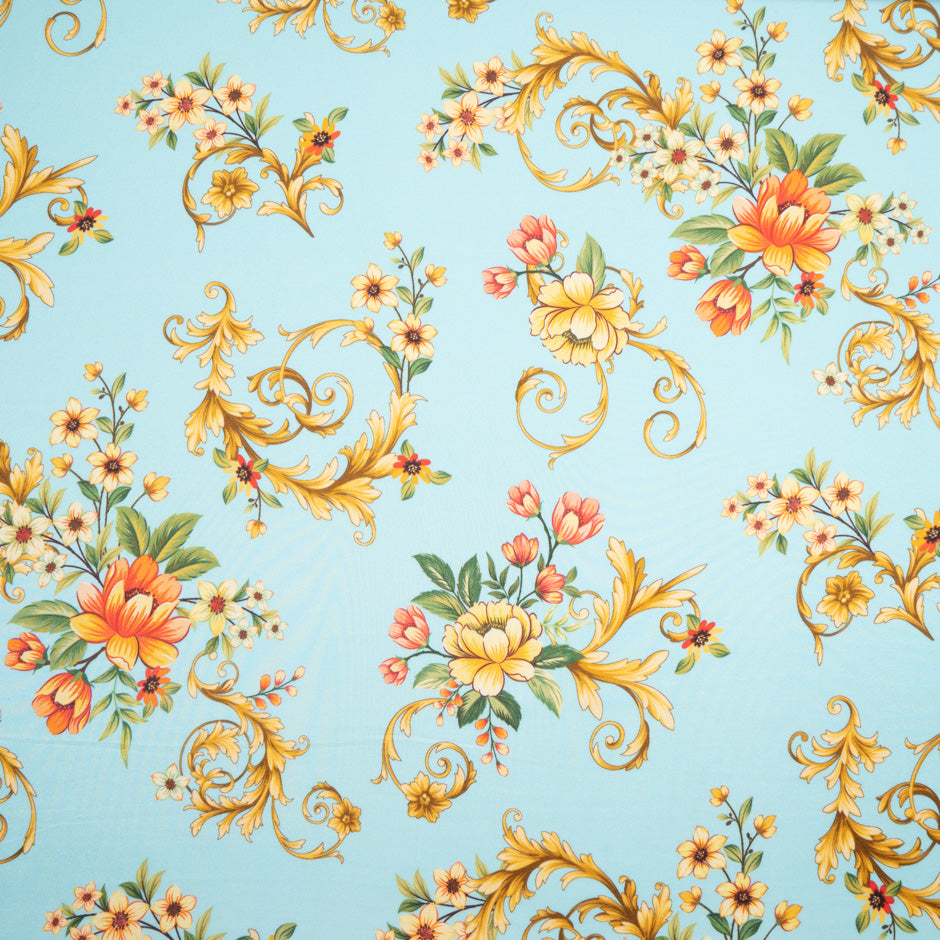 Multi Floral Printed Baby Blue Silk Blend Twill