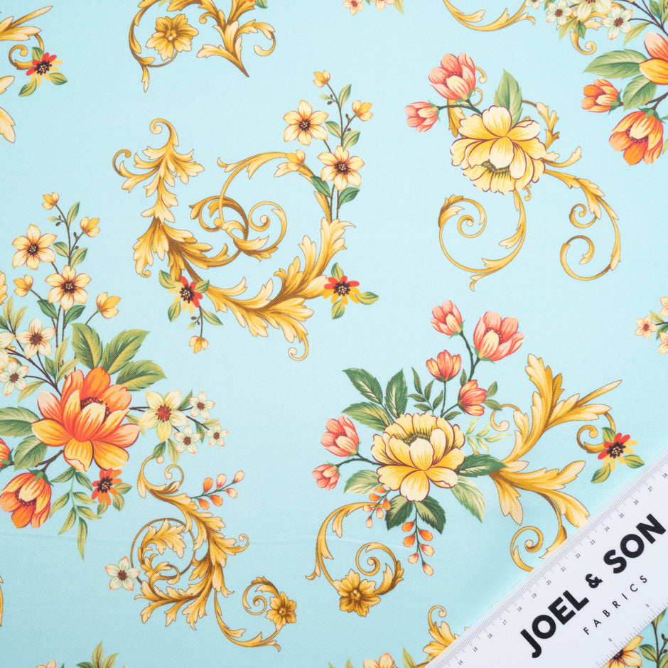 Multi Floral Printed Baby Blue Silk Blend Twill