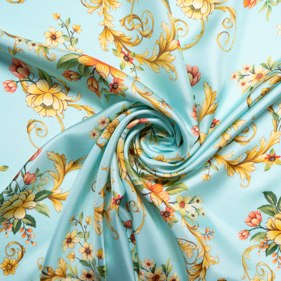Multi Floral Printed Baby Blue Silk Blend Twill