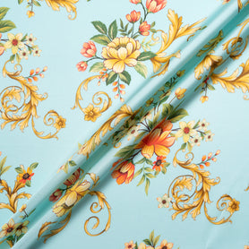 Multi Floral Printed Baby Blue Silk Blend Twill