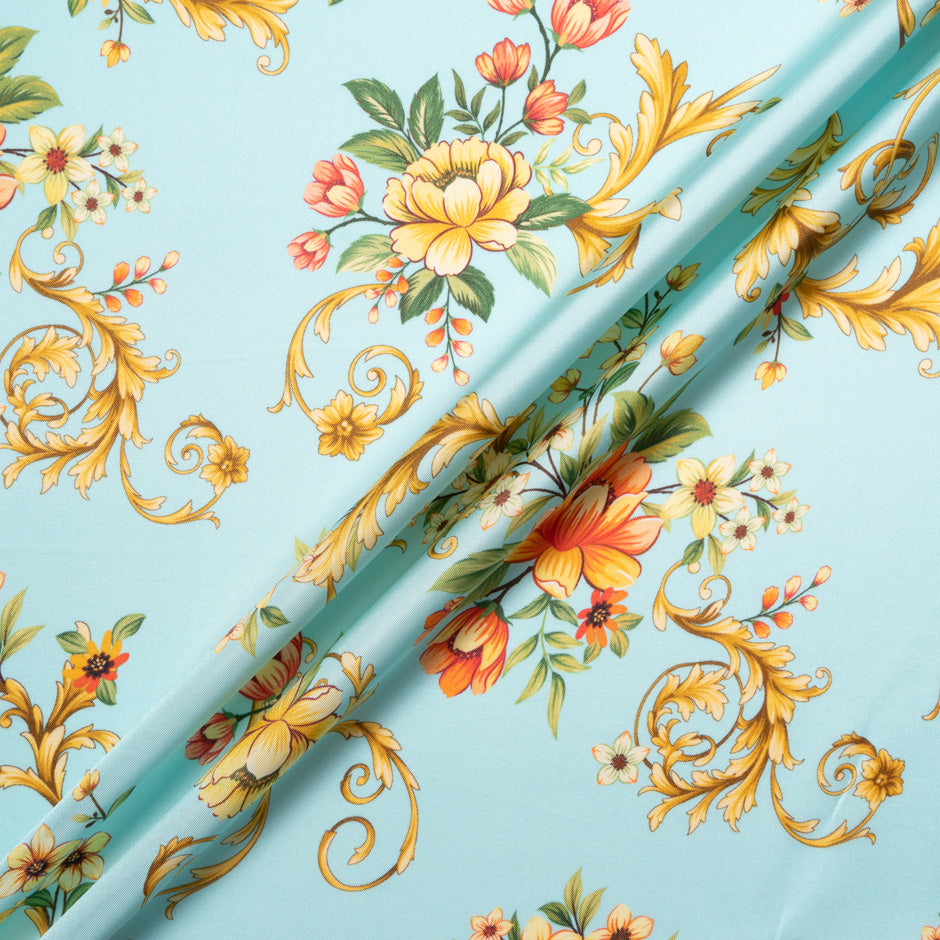 Multi Floral Printed Baby Blue Silk Blend Twill