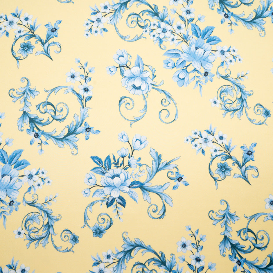 Blue Floral Printed Soft Yellow Silk Blend Twill