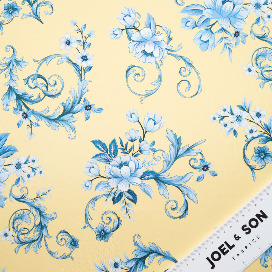 Blue Floral Printed Soft Yellow Silk Blend Twill