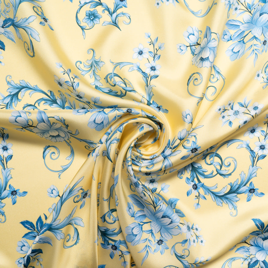 Blue Floral Printed Soft Yellow Silk Blend Twill