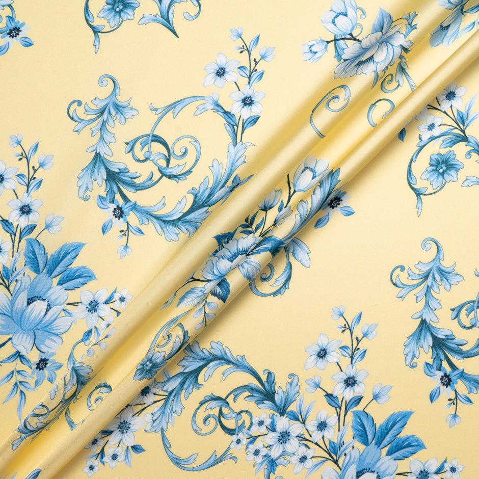 Blue Floral Printed Soft Yellow Silk Blend Twill