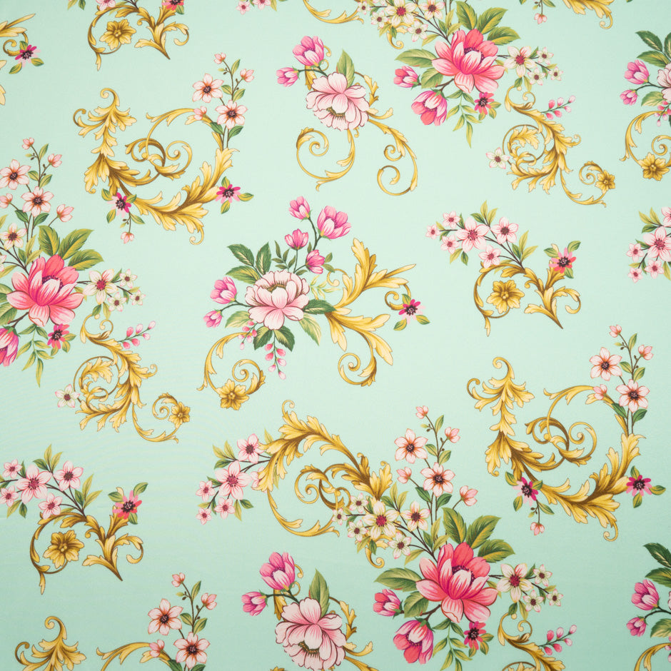 Pink Floral Printed Aqua Silk Blend Twill
