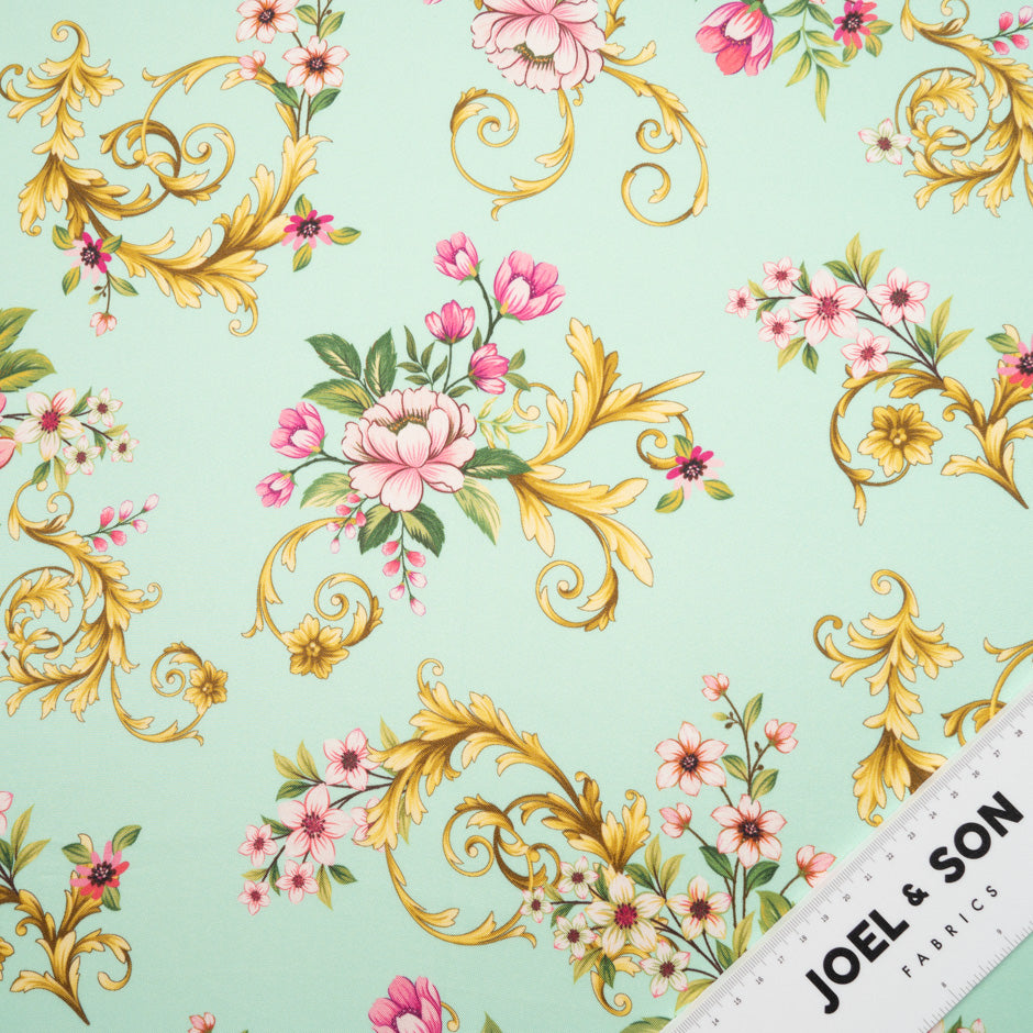 Pink Floral Printed Aqua Silk Blend Twill