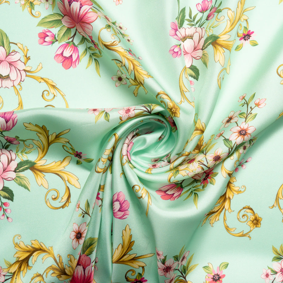 Pink Floral Printed Aqua Silk Blend Twill