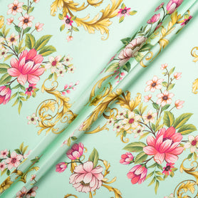Pink Floral Printed Aqua Silk Blend Twill