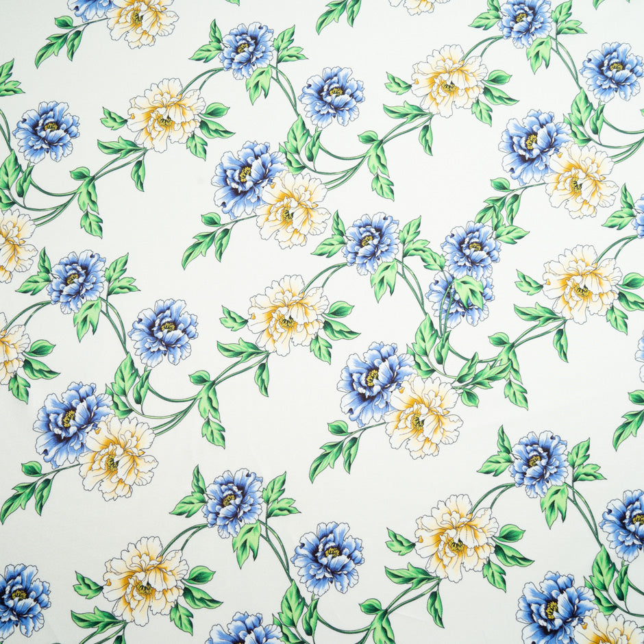 Blue Floral Printed Ivory Silk Blend Twill