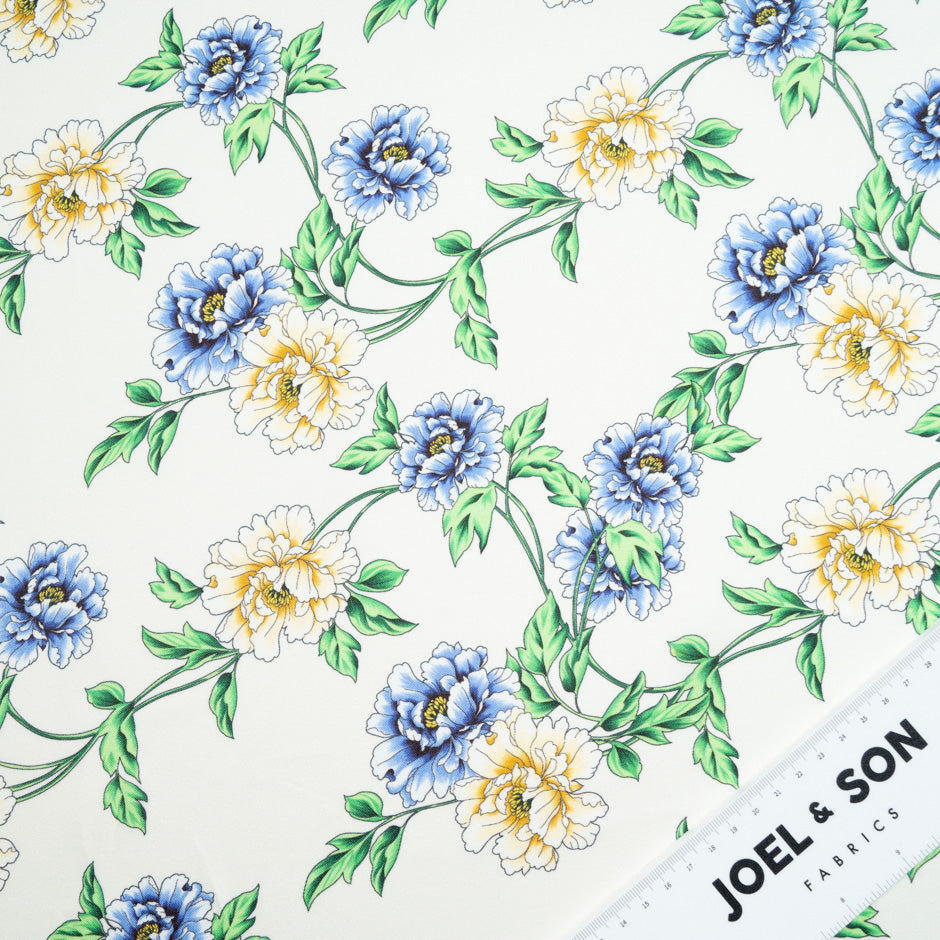 Blue Floral Printed Ivory Silk Blend Twill