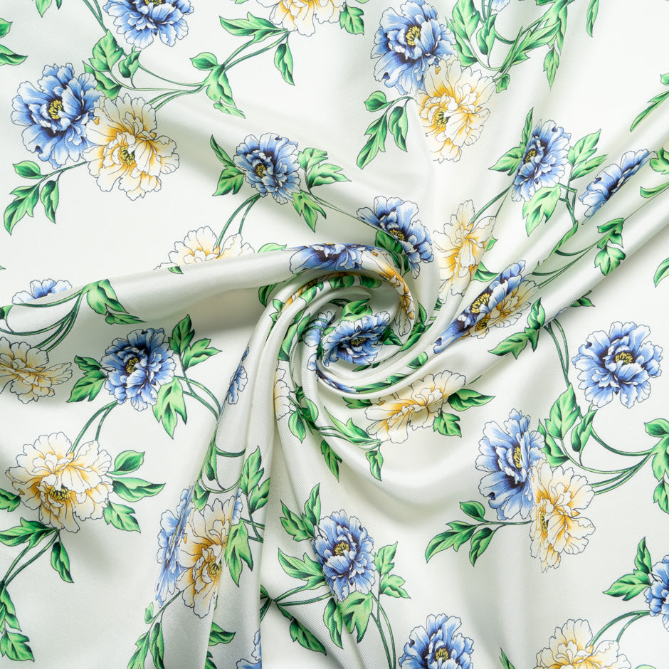 Blue Floral Printed Ivory Silk Blend Twill