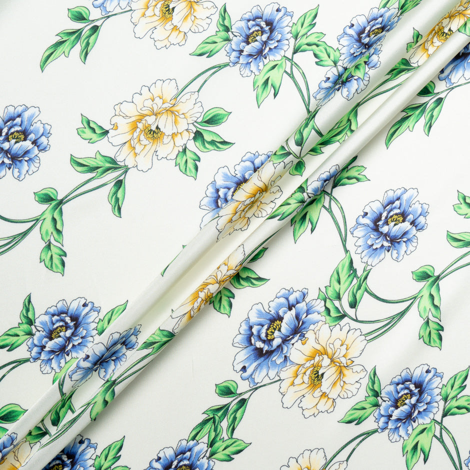Blue Floral Printed Ivory Silk Blend Twill