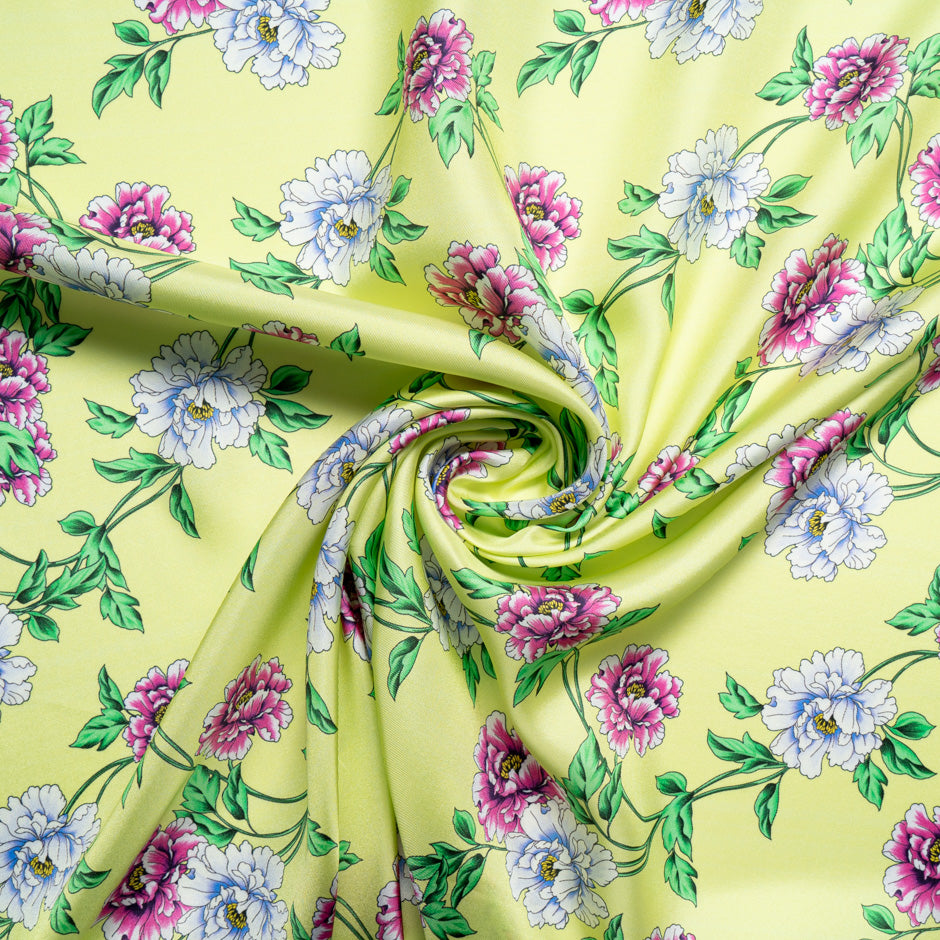 Floral Printed Lime Green Silk Blend Twill