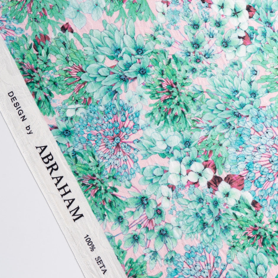 Mint Green Floral Printed Baby Pink Silk Cloqué
