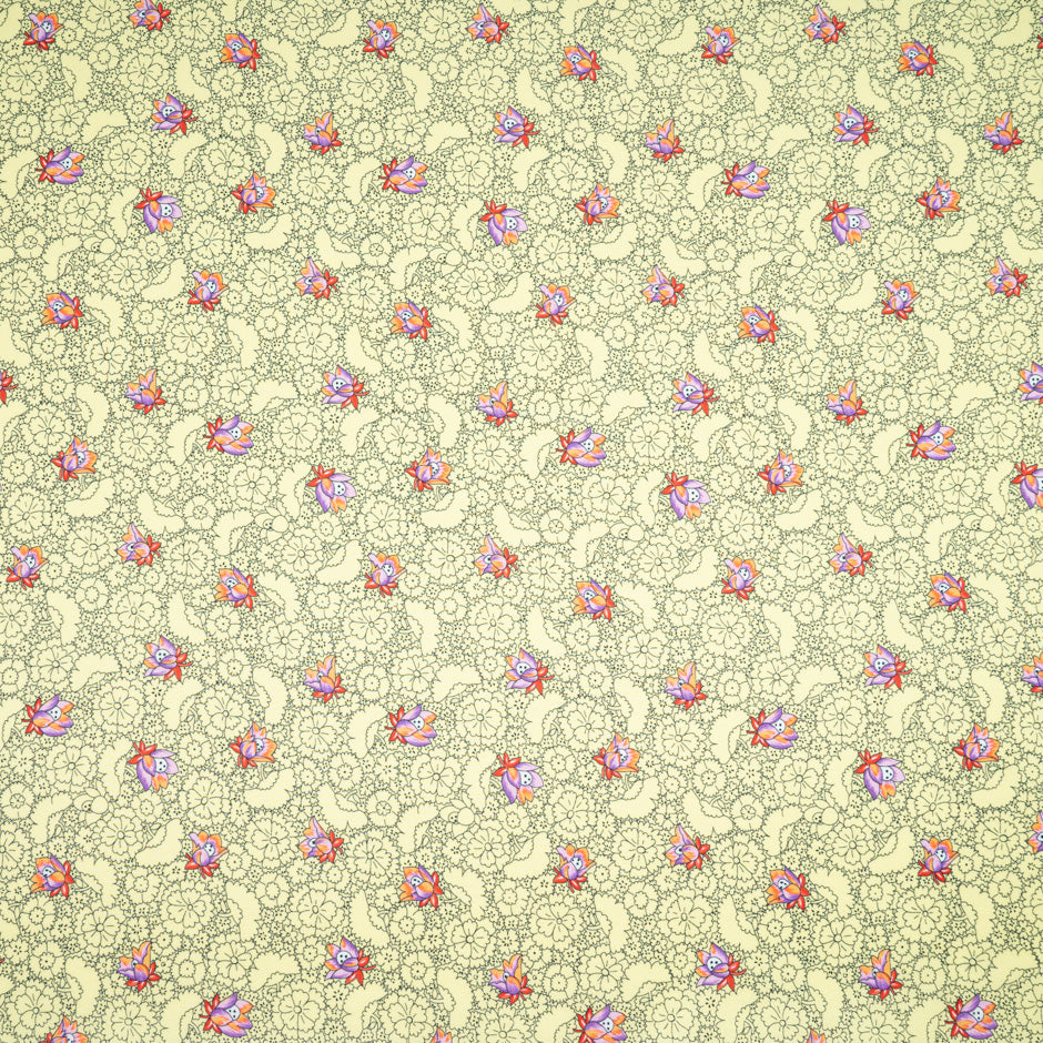 'Sketched' Floral Printed Yellow Silk Blend Twill