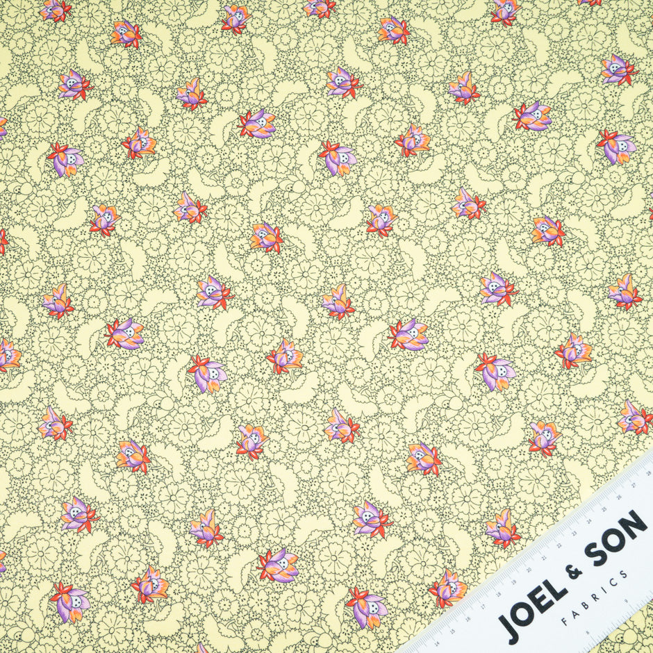 'Sketched' Floral Printed Yellow Silk Blend Twill