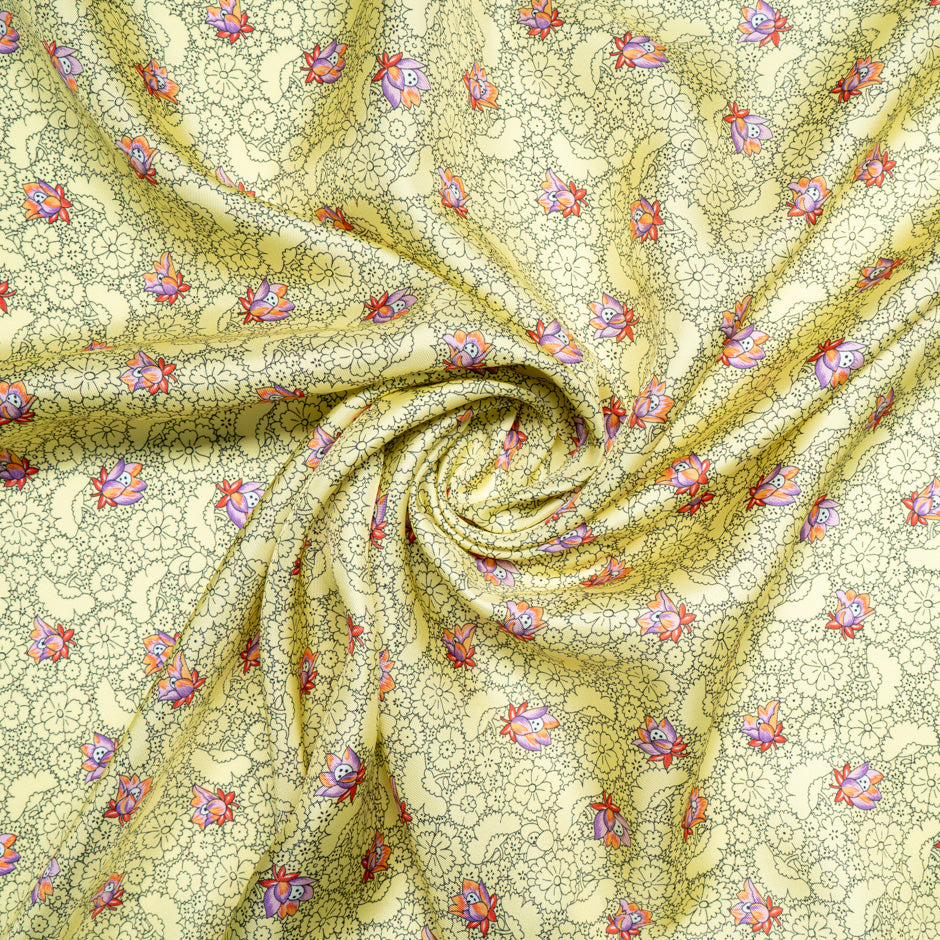 'Sketched' Floral Printed Yellow Silk Blend Twill