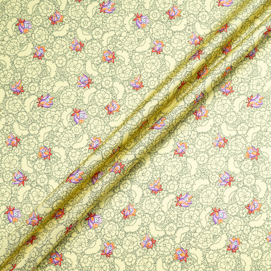 'Sketched' Floral Printed Yellow Silk Blend Twill