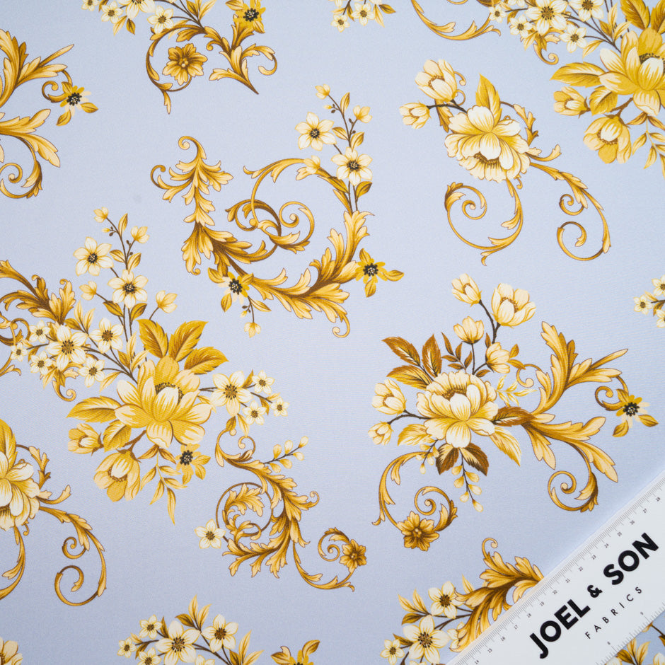 Yellow Floral Printed Lilac Silk Blend Twill