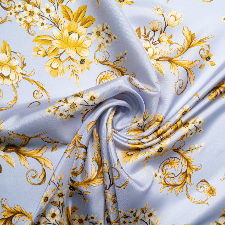 Yellow Floral Printed Lilac Silk Blend Twill