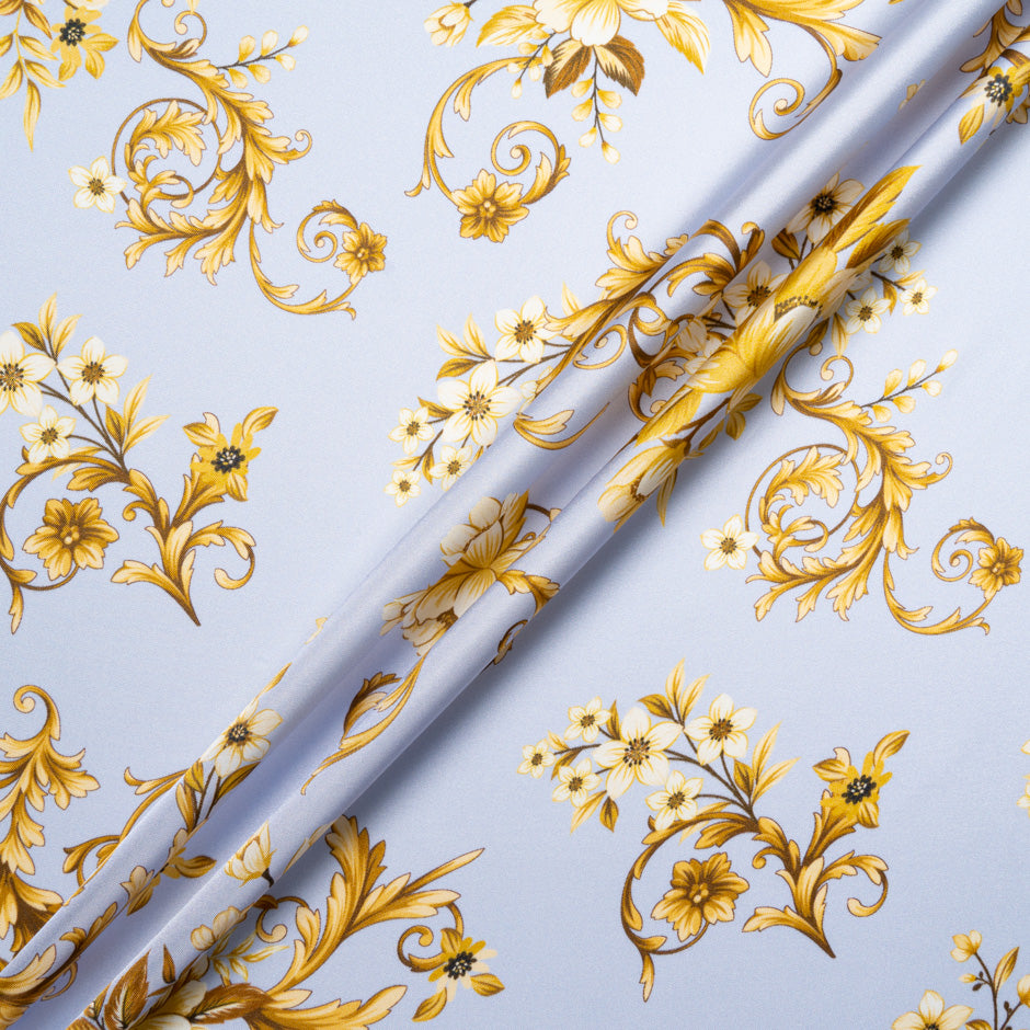 Yellow Floral Printed Lilac Silk Blend Twill