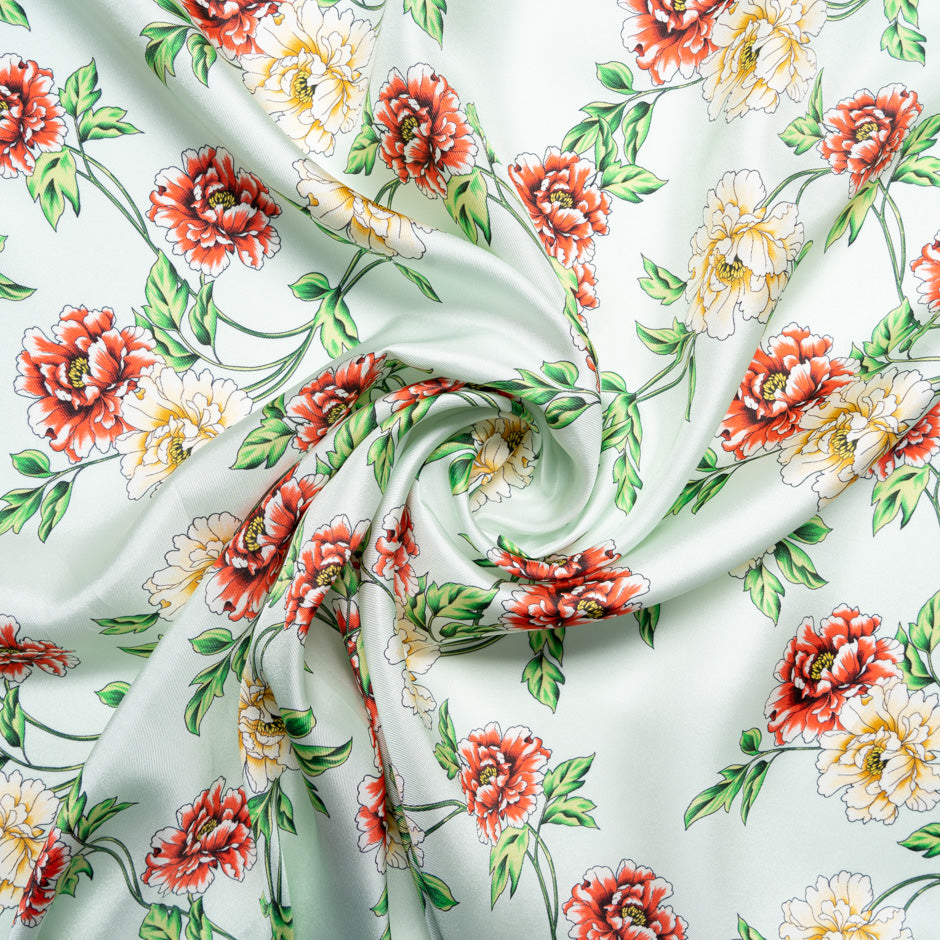 Multi Floral Printed Mint Green Silk Blend Twill