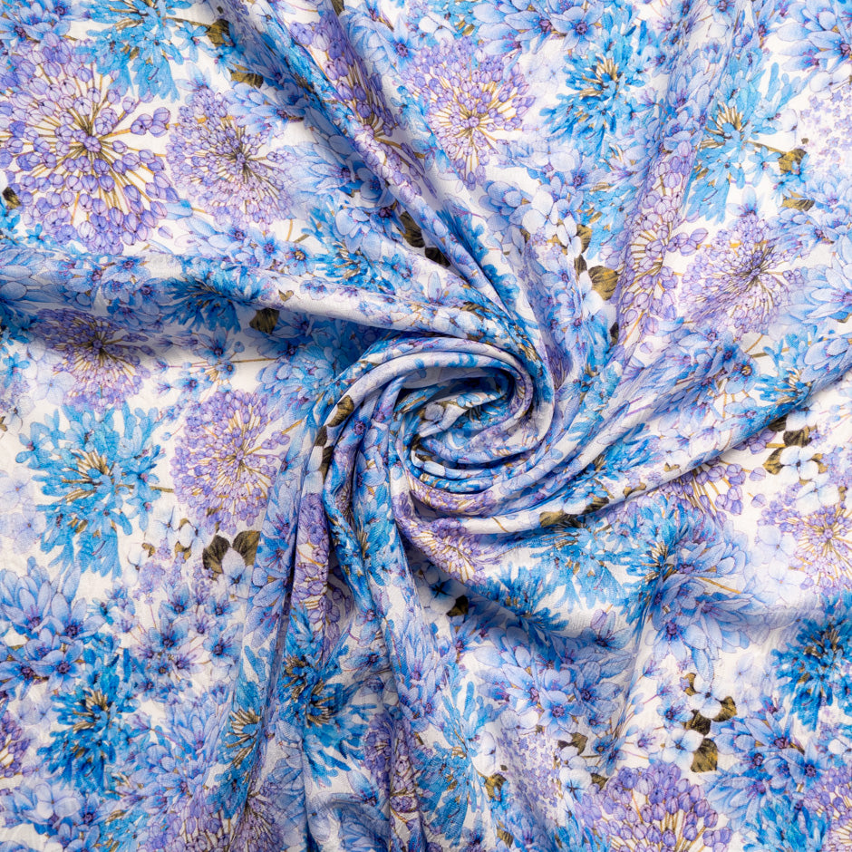 Blue & Lavender Floral Printed Silk Cloqué