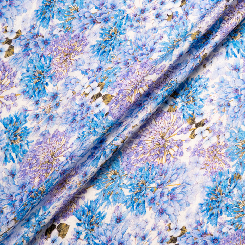 Blue & Lavender Floral Printed Silk Cloqué