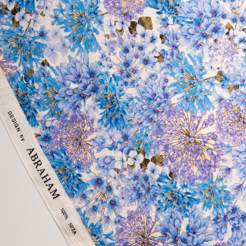 Blue & Lavender Floral Printed Silk Cloqué