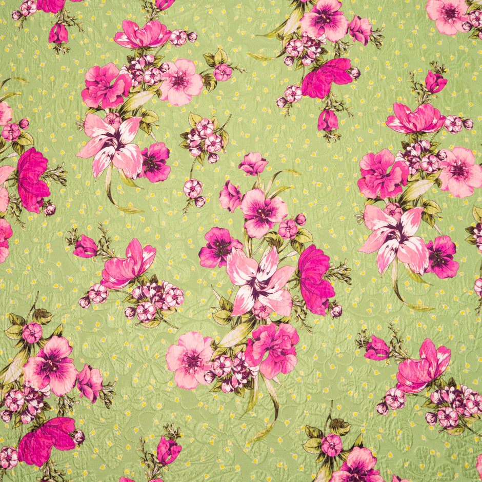 Pink Floral Printed Khaki Green Silk Cloqué