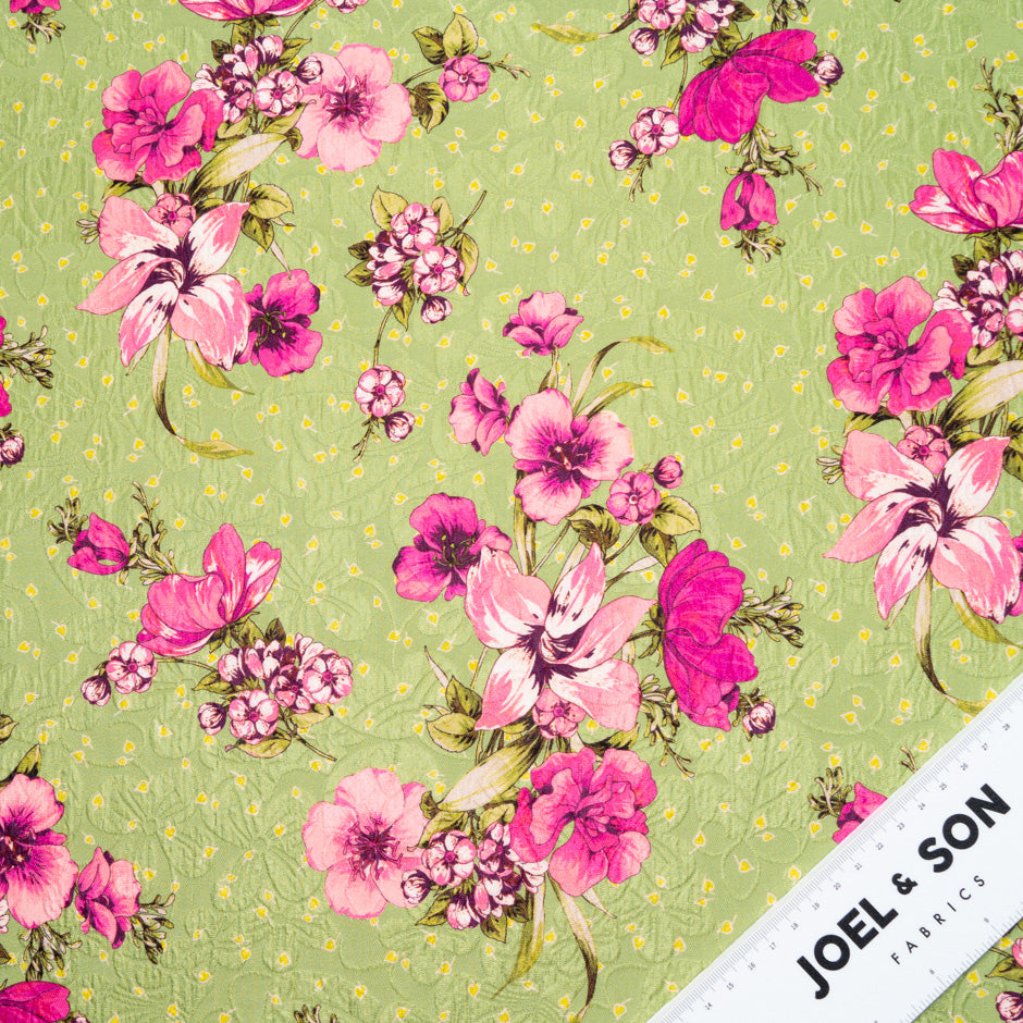Pink Floral Printed Khaki Green Silk Cloqué