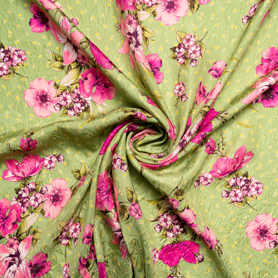 Pink Floral Printed Khaki Green Silk Cloqué