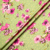 Pink Floral Printed Khaki Green Silk Cloqué