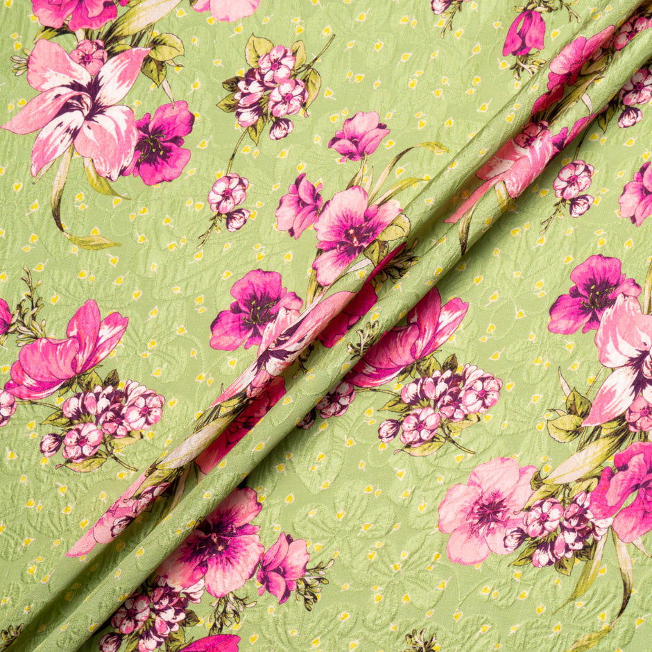 Pink Floral Printed Khaki Green Silk Cloqué
