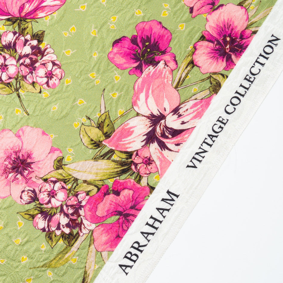 Pink Floral Printed Khaki Green Silk Cloqué