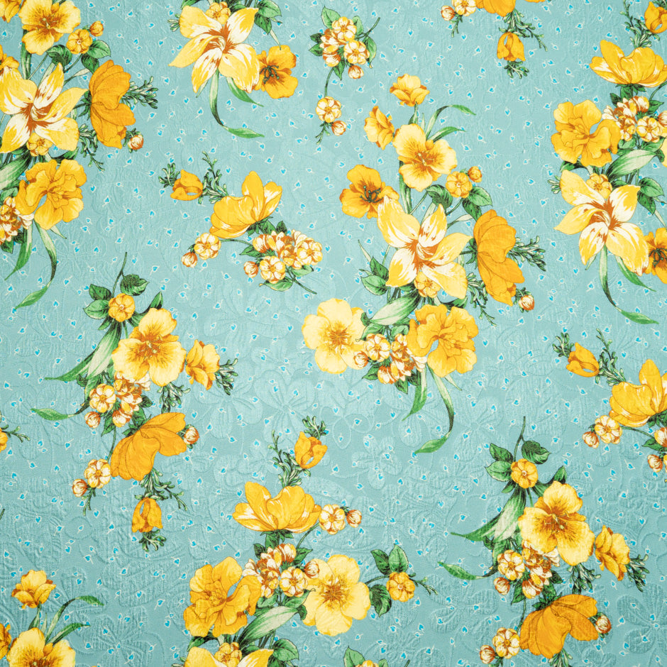 Yellow Floral Printed Teal Silk Cloqué