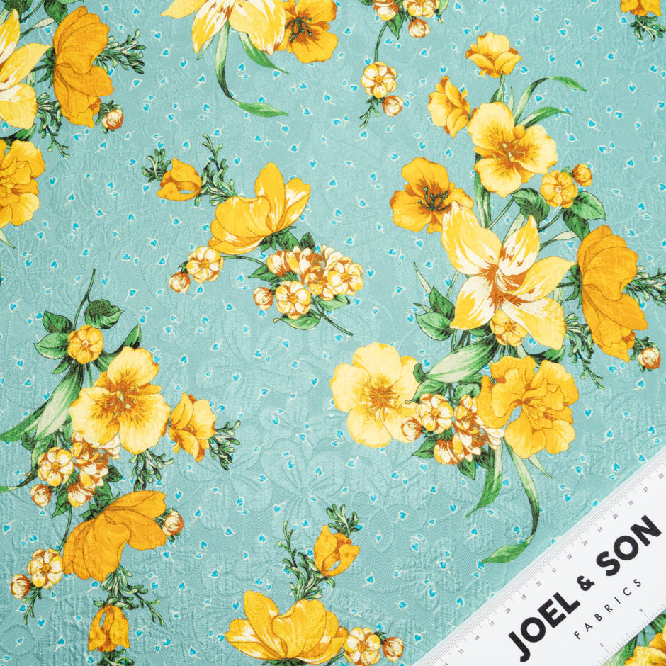 Yellow Floral Printed Teal Silk Cloqué