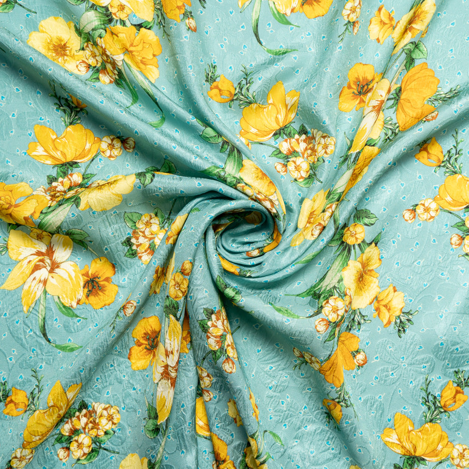 Yellow Floral Printed Teal Silk Cloqué