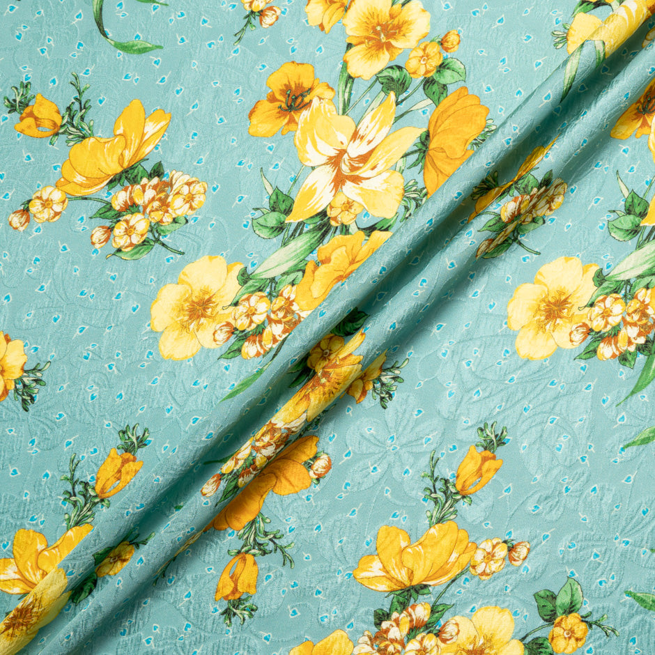 Yellow Floral Printed Teal Silk Cloqué